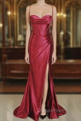 Burgundy Mermaid Satin Pleats Evening Prom Dresses