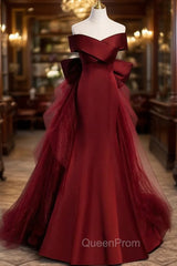 Burgundy Mermaid Satin Tulle Off the Shoulder Evening Prom Dresses