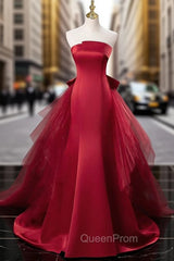 Burgundy Mermaid Satin Tulle Evening Prom Dresses