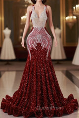 Burgundy Mermaid Sequins Backless Evening Prom Dresses