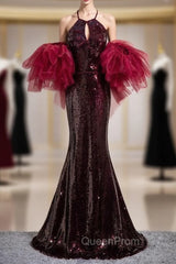 Burgundy Mermaid Sequins Halter Cut Out Evening Prom Dresses