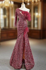 Burgundy Mermaid Sequins One Shoulder Long Sleeve Evening Prom Dresses