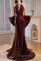 Burgundy mermaid Sequins Satin Bow Evening Prom Dresses