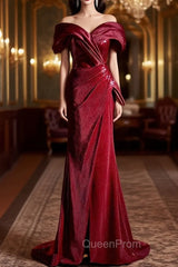 Burgundy Mermaid Sequins Spaghetti Straps Pleats Evening Prom Dresses