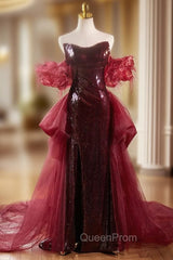 Burgundy Mermaid Sequins Strapless Evening Prom Dresses With Train