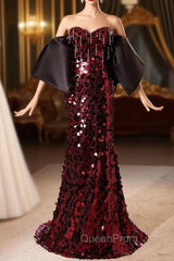 Burgundy Mermaid Sequins Strapless Evening Prom Dresses