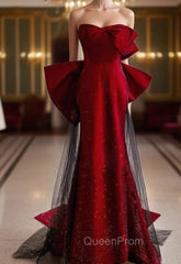 Burgundy Mermaid Strapless Bow Evening Prom Dresses