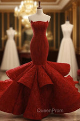 Burgundy Mermaid Strapless Sequins Backless Wedding Dresses