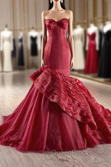 Burgundy Mermaid Strapless Tiers Evening Prom Dresses