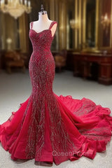 Burgundy Mermaid Straps Beading Evening Prom Dresses