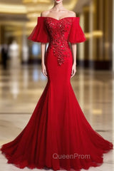 Burgundy Mermaid Tulle Off the Shoulder Beading Sequins Evening Prom Dresses