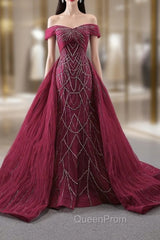 Burgundy Mermaid Tulle Off the Shoulder Pleats Evening Prom Dresses