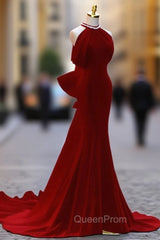 Burgundy Mermaid Velvet Halter Bow Evening Prom Dresses