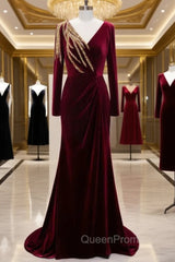 Burgundy Mermaid Velvet Long Sleeve Beading Evening Prom Dresses