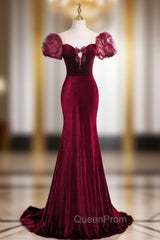 Burgundy Mermaid Velvet Puff Sleeve Evening Prom Dresses