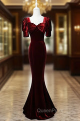 Burgundy Mermaid Velvet Short Sleeve Bow Evening Prom Dresses