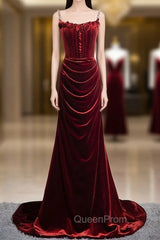 Burgundy Mermaid Velvet Spaghetti Straps Flower Evening Prom Dresses