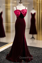 Burgundy Mermaid Velvet Spaghetti Straps Evening Prom Dresses With Bow