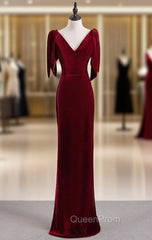 Burgundy Mermaid Velvet V-neck Evening Prom Dresses