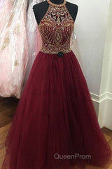 Burgundy O Neck Sequin Beads Tulle Evening Prom Dresses, Burgundy Evening Dresses