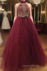 Burgundy O Neck Sequin Beads Tulle Evening Prom Dresses, Burgundy Evening Dresses