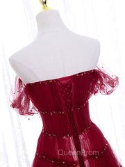 Burgundy Off Shoulder Long Evening Prom Dresses, Burgundy Evening Dresses with Beading Sequin