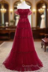 Burgundy Off Shoulder Long Evening Prom Dresses, Burgundy Evening Dresses with Beading Sequin