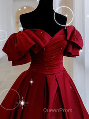 Burgundy off shoulder satin long Evening Prom Dresses, burgundy evening Dresses
