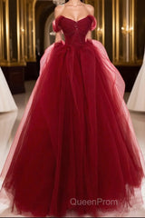 Burgundy off shoulder tulle lace long Evening Prom Dresses burgundy formal Dresses