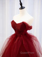 Burgundy off shoulder tulle lace long Evening Prom Dresses burgundy formal Dresses