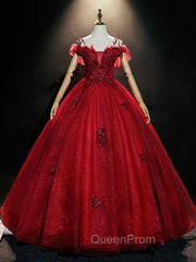 Burgundy Off Shoulder Tulle Lace Long Evening Prom Dresses, Burgundy Lace Sweet 16 Dresses