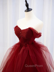 Burgundy Off Shoulder Tulle Lace Long Evening Prom Dresses, Burgundy Evening Graduation Dresses
