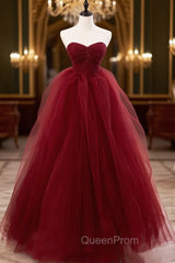 Burgundy Off Shoulder Tulle Lace Long Evening Prom Dresses, Burgundy Evening Graduation Dresses