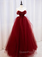 Burgundy Off Shoulder Tulle Lace Long Evening Prom Dresses, Burgundy Evening Graduation Dresses
