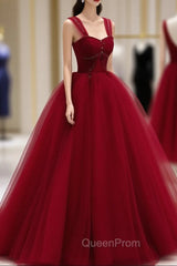 Burgundy Off Shoulder Tulle Long Evening Prom Dresses, Burgundy Evening Dresses