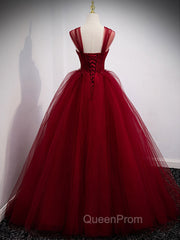 Burgundy Off Shoulder Tulle Long Evening Prom Dresses, Burgundy Evening Dresses