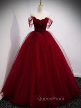 Burgundy Off Shoulder Tulle Long Evening Prom Dresses, Burgundy Evening Dresses