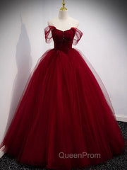 Burgundy Off Shoulder Tulle Long Evening Prom Dresses, Burgundy Evening Dresses