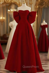 Burgundy Off the Shoulder Bow Evening Prom Dresses