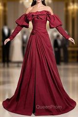 Burgundy off the Shoulder Pleats Evening Prom Dresses With Detachable Sleeve