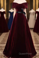 Burgundy Off The Shoulder Velvet Long Evening Prom Dresses