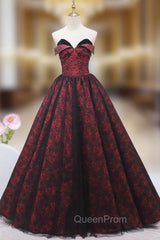 Burgundy Print Strapless Evening Prom Dresses