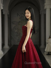 Burgundy Evening Prom Dresses A Line Straps Tulle Evening Dresses