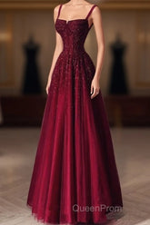 Burgundy Evening Prom Dresses A Line Straps Tulle Evening Dresses
