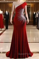 Burgundy Evening Prom Dresses Bodycon Velvet Long Evening Dresses with Embroidered Beadings