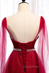 Burgundy Evening Prom Dresses, Spagetti-Strap Sleeveless Evening Prom Dresses Tulle Ruffles with Beadings