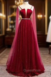Burgundy Evening Prom Dresses, Spagetti-Strap Sleeveless Evening Prom Dresses Tulle Ruffles with Beadings