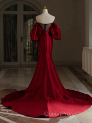 Burgundy Puff Sleeves Satin Burgundy Long Evening Prom Dresses, Burgundy Long Formal Dresses