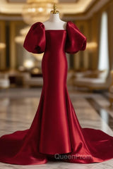 Burgundy Puff Sleeves Satin Burgundy Long Evening Prom Dresses, Burgundy Long Formal Dresses