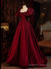 Burgundy Puffy Sleeves Taffeta Long Prom Dress, Floor Length Sweetheart Party Dress